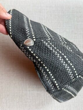 Ben Sherman Black Woven Flat Cap with Cream Stitching and Metal Emblem